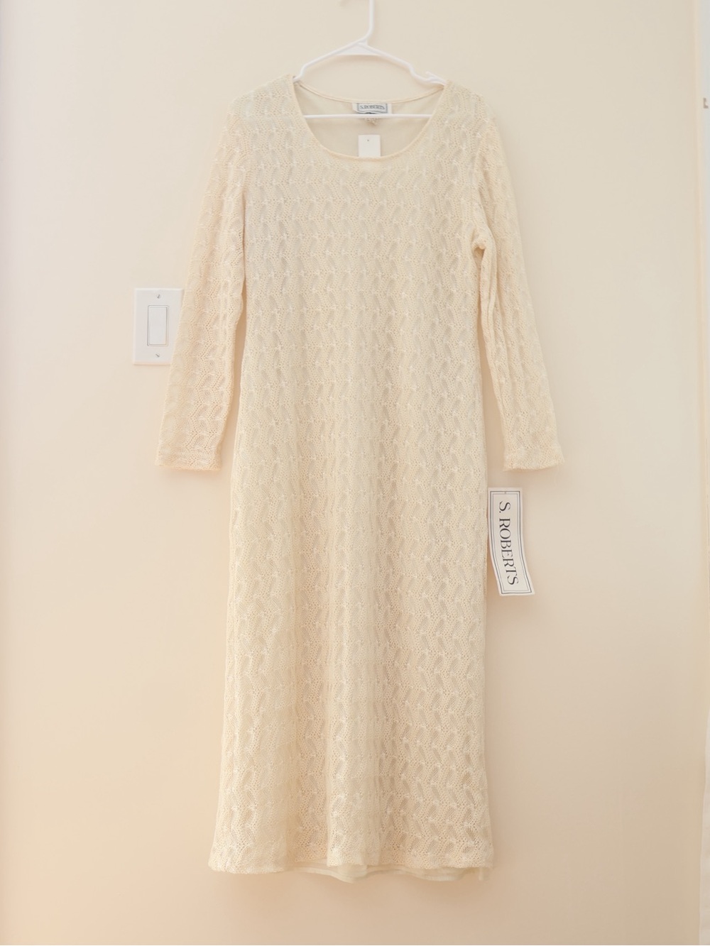 NWT Vintage 90s Crochet Knit Long Sleeves Maxi Dress Cream Sz 16 Boho Lagenlook